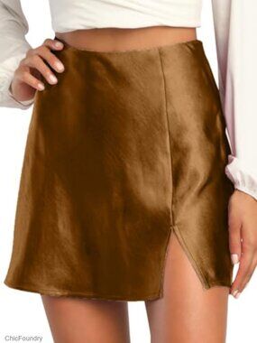 Satin Silky Mini Skirt High Waist A-Line Front Slit Party Skirt